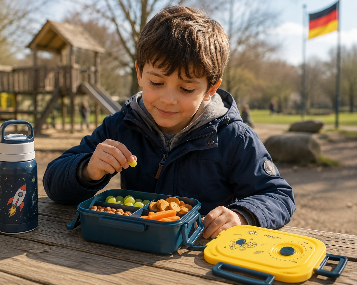 Lunchbox Brotdose mit Fächern Besteck Bento Box Schule Arbeit Grün