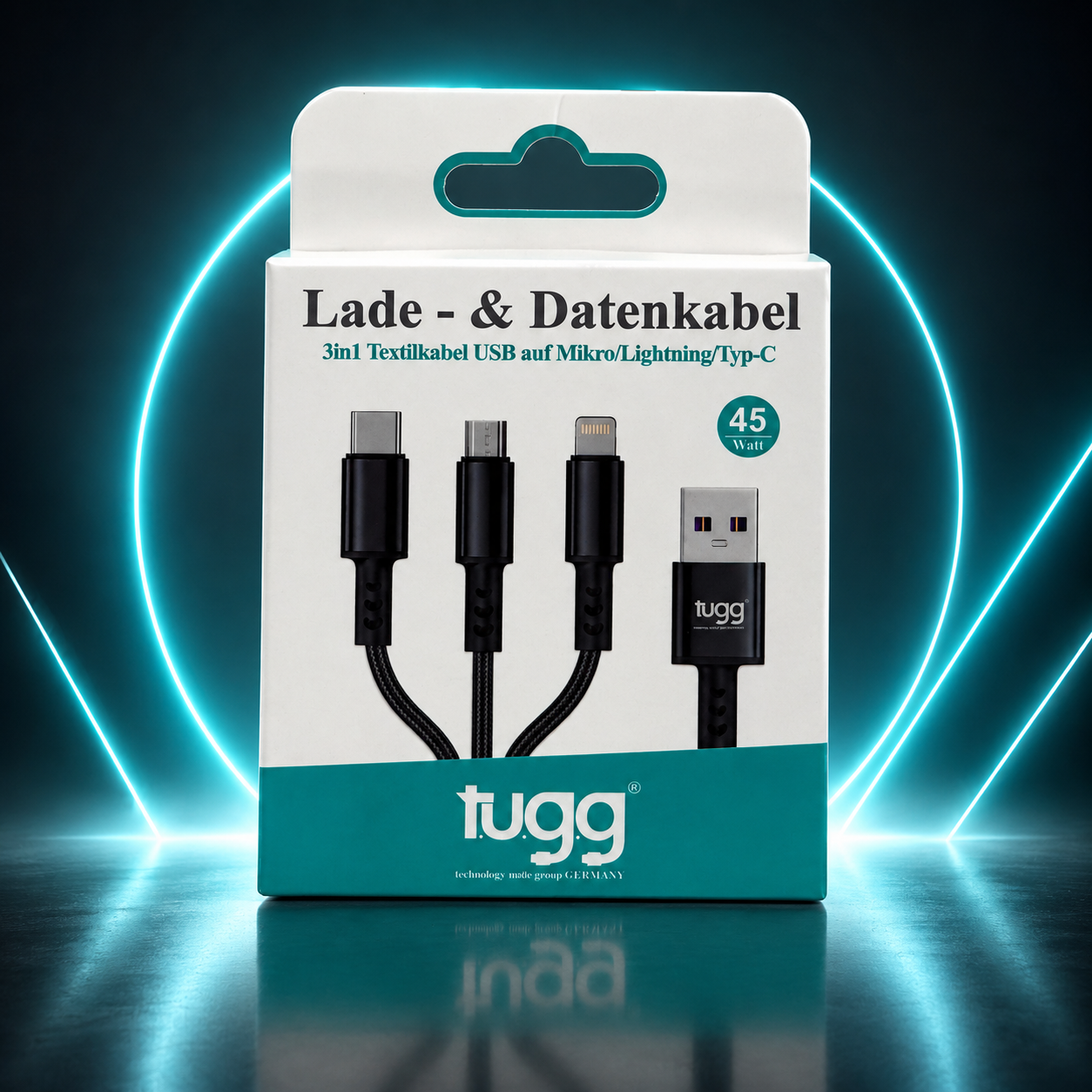 3in1 USB Ladekabel 45W USB-C 8-Pin Micro USB 1,2m Textilkabel