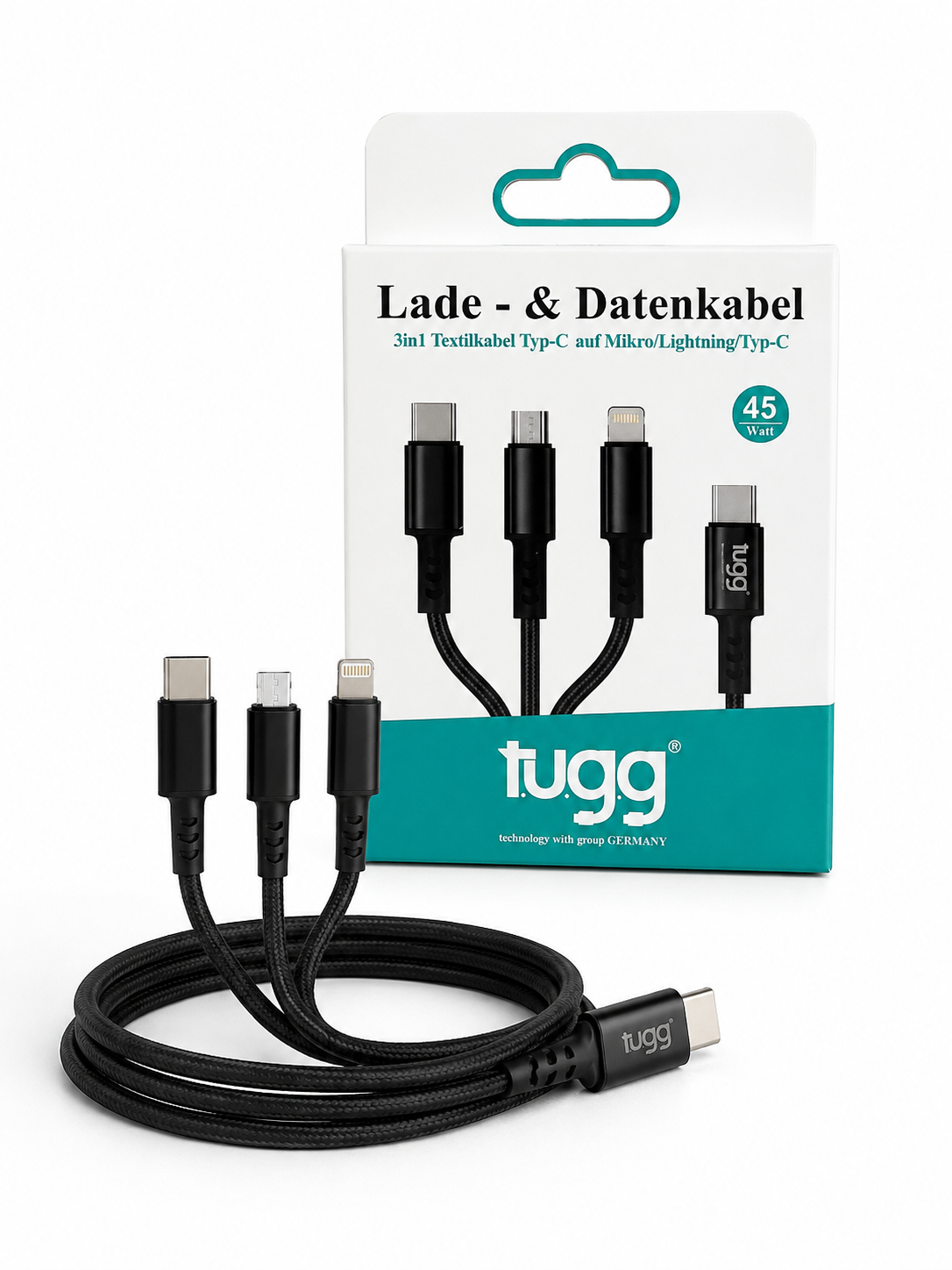 3in1 USB-C Ladekabel 45W 1,2m 8-Pin Micro USB Multi Ladekabel Schwarz