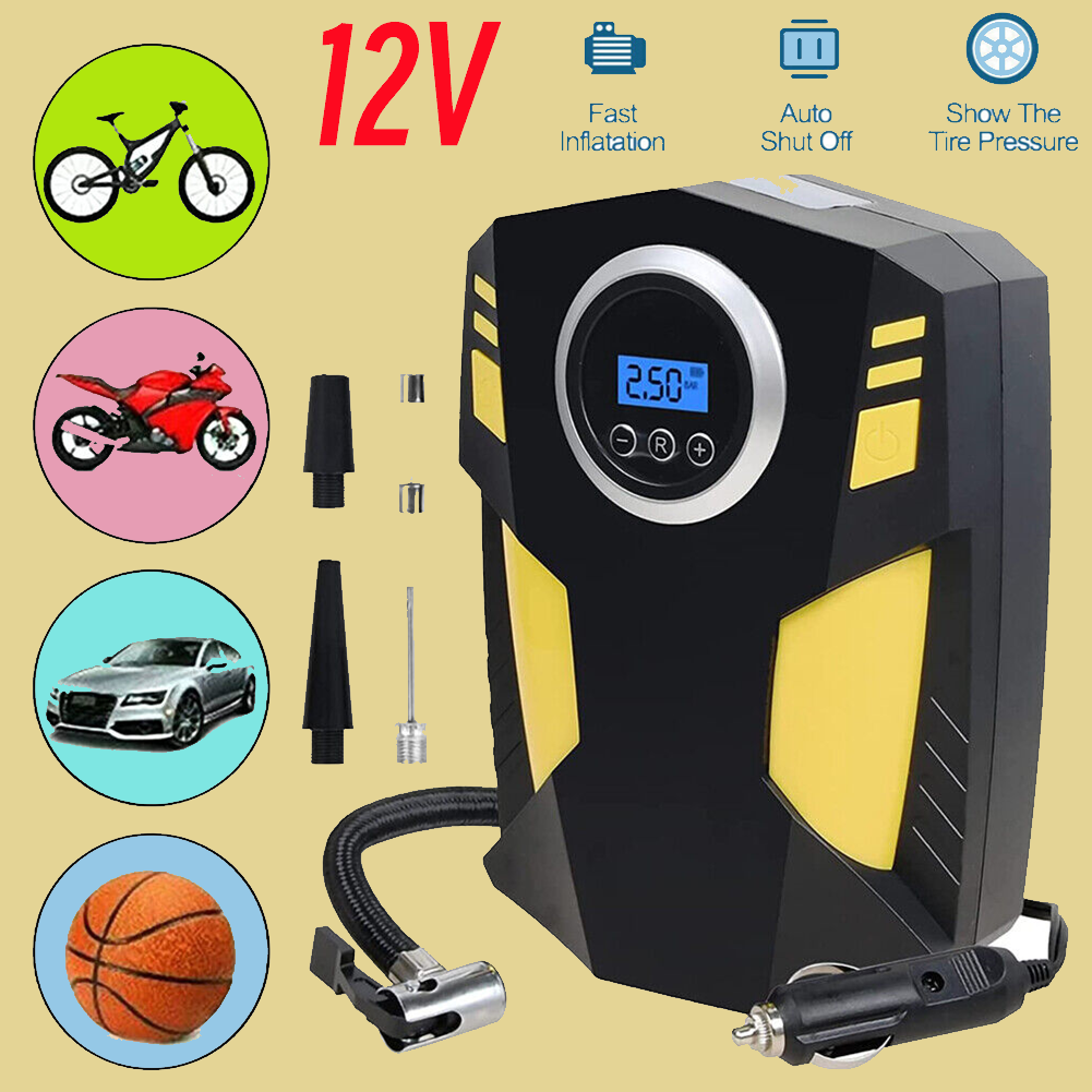 Tragbarer 12V Luftkompressor 150PSI – Digitale Auto Luftpumpe mit LED Notlicht, Manometer & 3 Düsenadaptern – Für Auto, Fahrrad, Motorrad & Ball