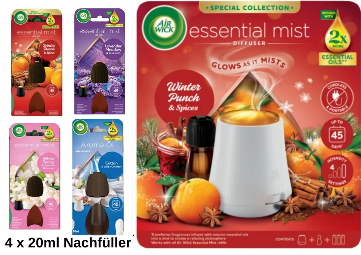 Air Wick Aroma Öl Diffuser Starter Set – 1 Gerät + 4 × 20 ml Duftöl-Nachfüller
