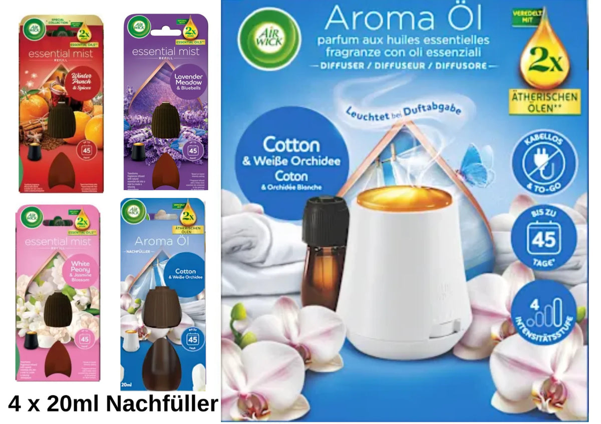 Air Wick Aroma Öl Diffuser Starter Set – 1 Gerät + 4 × 20 ml Duftöl-Nachfüller