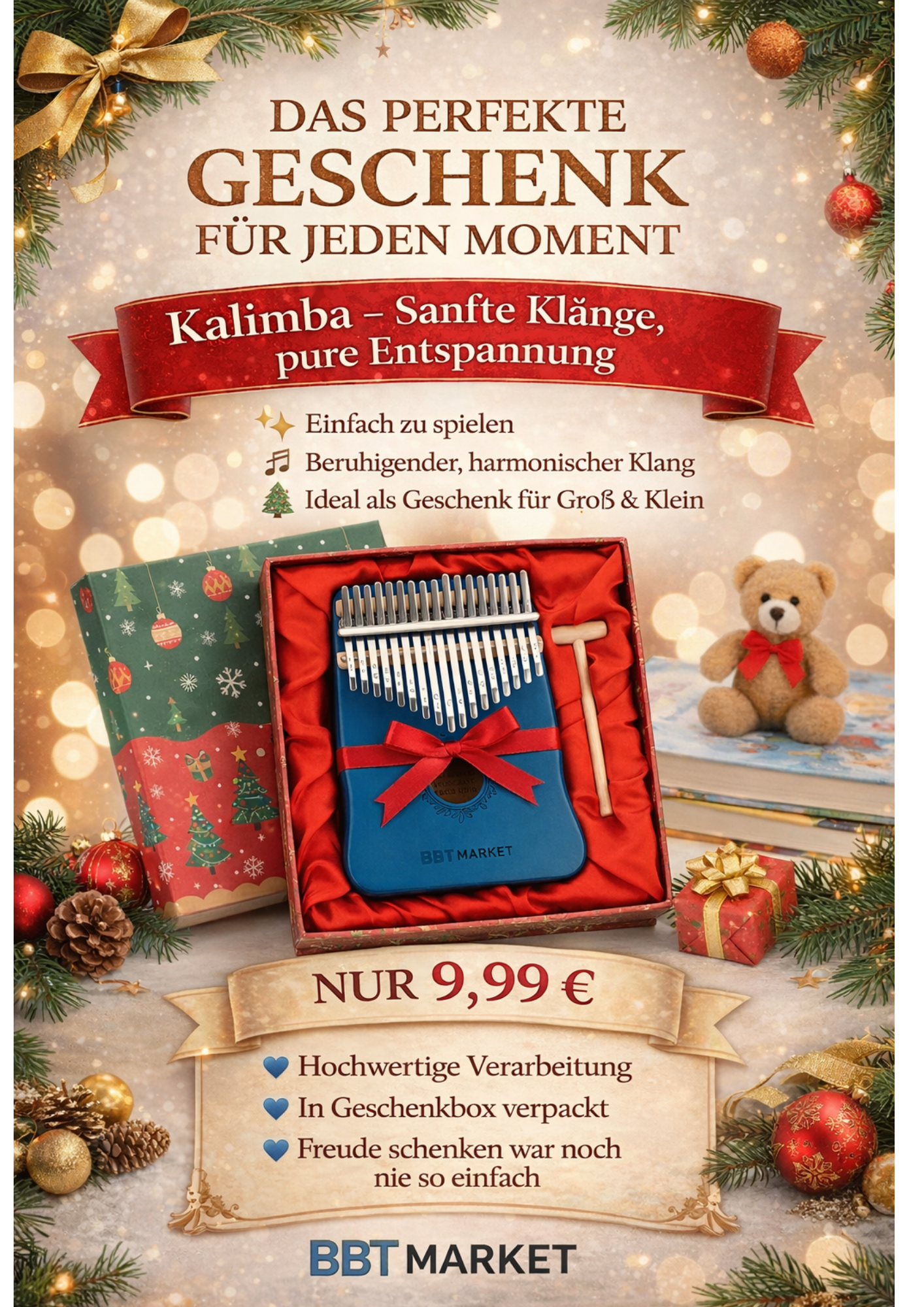 Kalimba 17 Tasten Blau – Daumenklavier aus Massivholz | Fingerpiano mit Tasche, Notenbuch & Reinigungsset – Ideal für Anfänger & Musikliebhaber