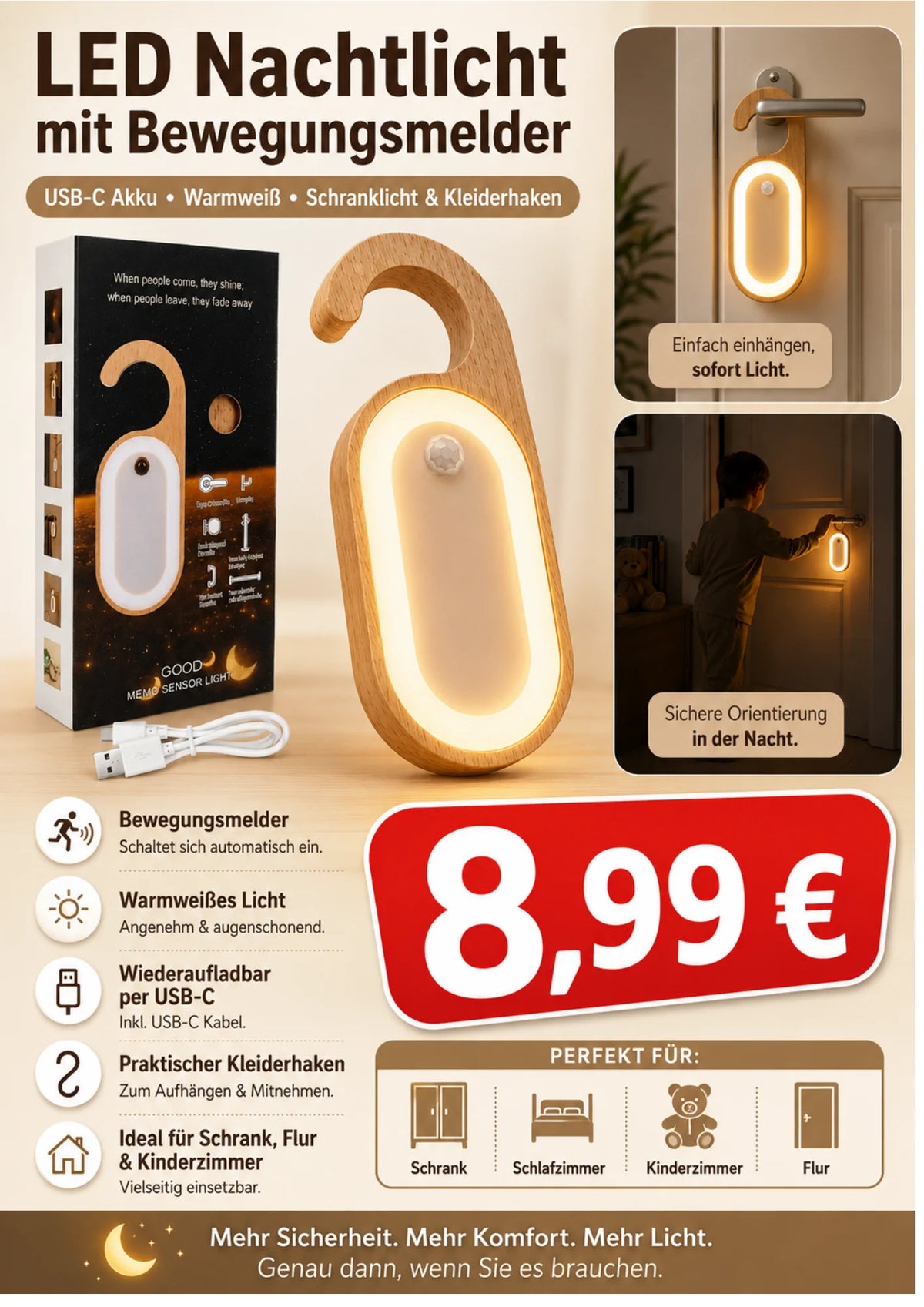 LED Nachtlicht Bewegungsmelder Schranklicht USB-C Akku Warmweiß Kleiderhaken