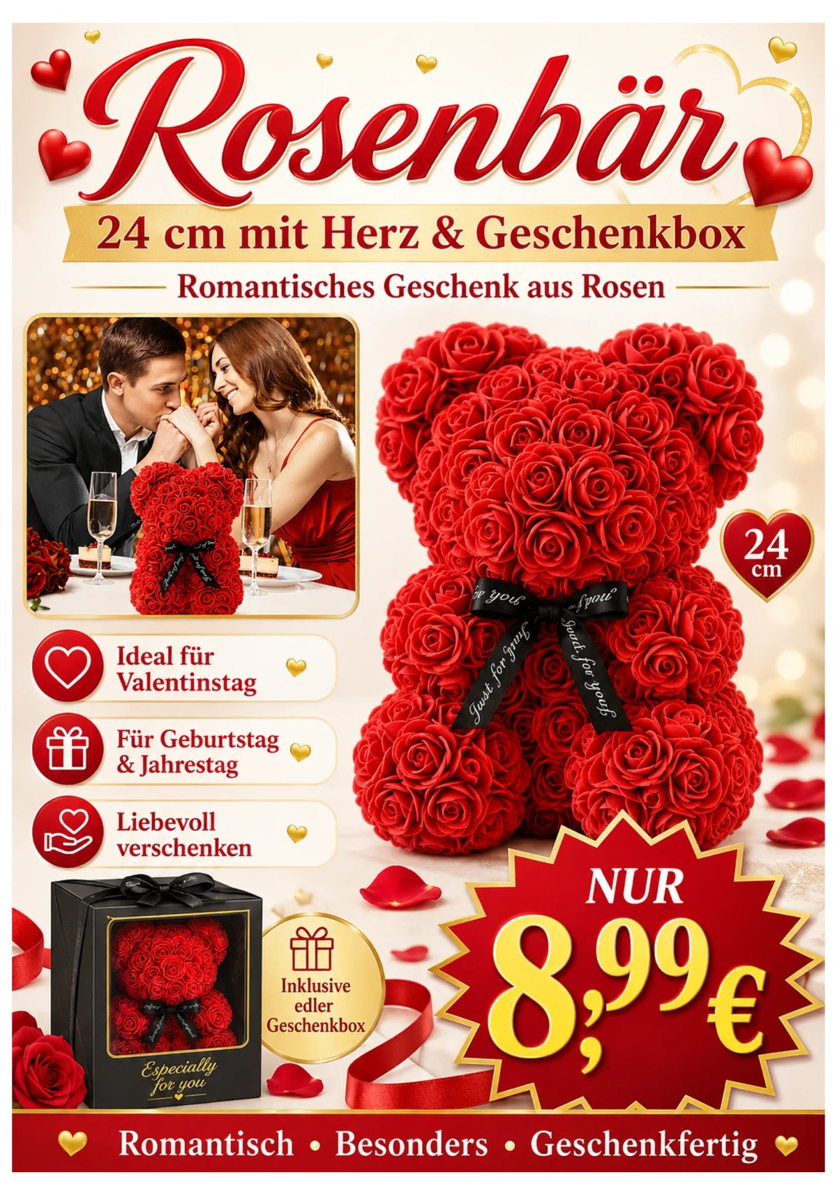 RosenbÀr 24 cm mit Herz & Geschenkbox romantisches Geschenk aus Rosen Teddy