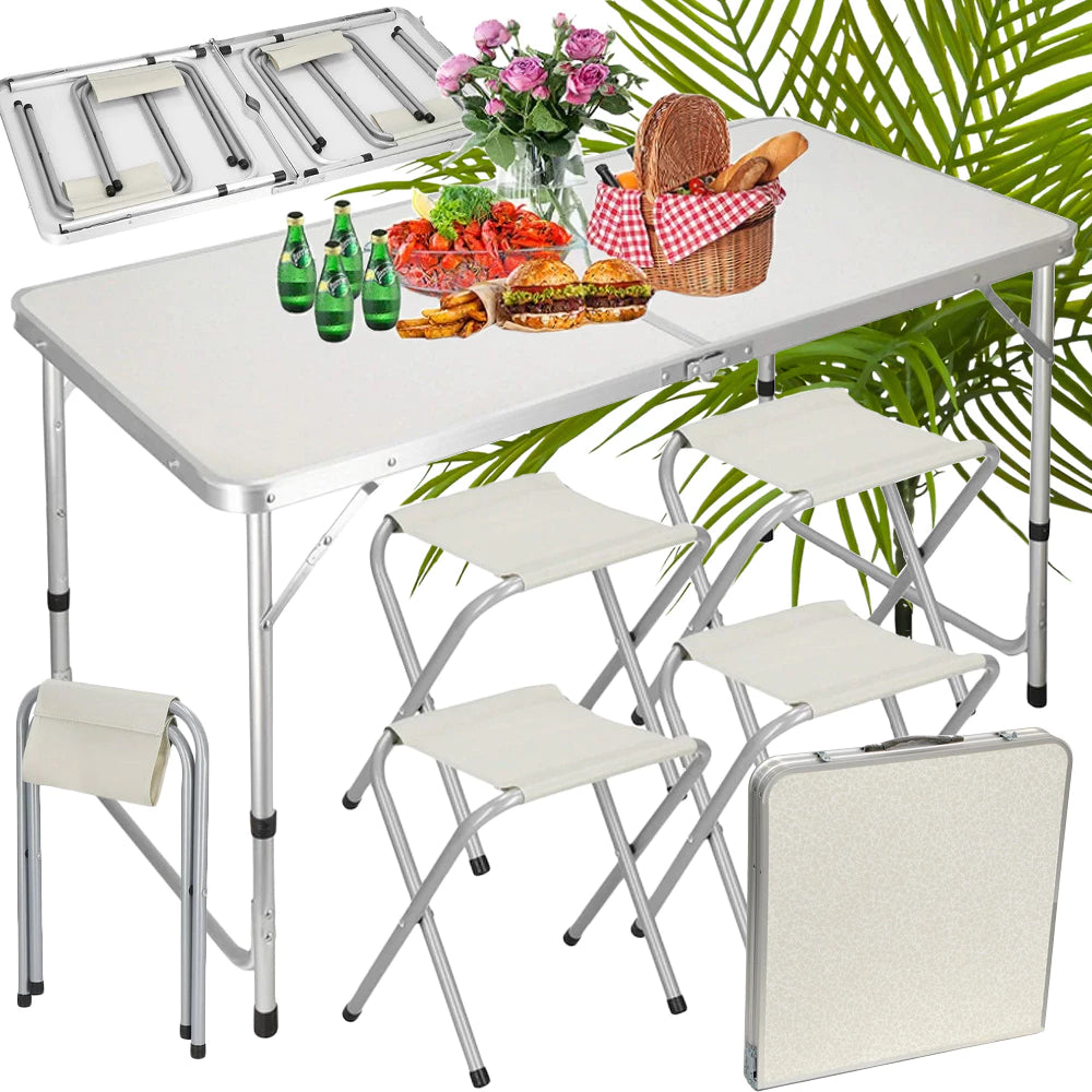 Faltbarer Campingtisch mit 4 Hockern – Leichtes Outdoor-Tischset 120x60 cm höhenverstellbar