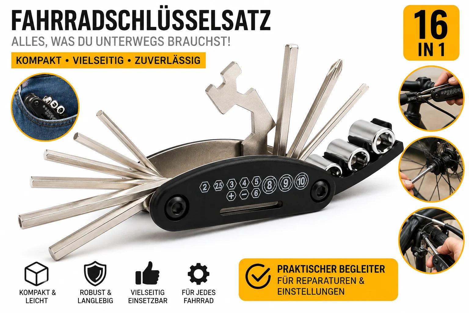 Fahrrad Multitool 16-in-1 – Kompaktes Fahrrad Werkzeugset mit Inbus, Schraubendreher & Steckschlüssel für MTB und Rennrad