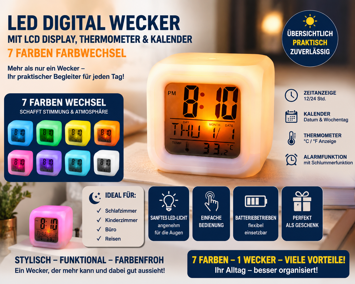 LED Digital Wecker mit LCD Display, Thermometer, Kalender und 7 Farben Farbwechsel Alarmuhr 8435507856041