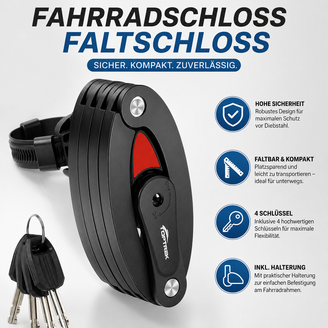 Faltschloss Fahrrad 100 cm aus Gehärtetem Carbonstahl – Fahrradschloss mit Halterung und 4 Schlüsseln für E-Bike, MTB und Rennrad