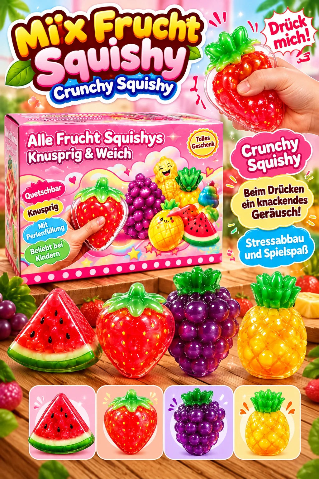 Crispy Fruity Squishy Knister Effekt Früchte Fidget Toy Knautschspielzeug