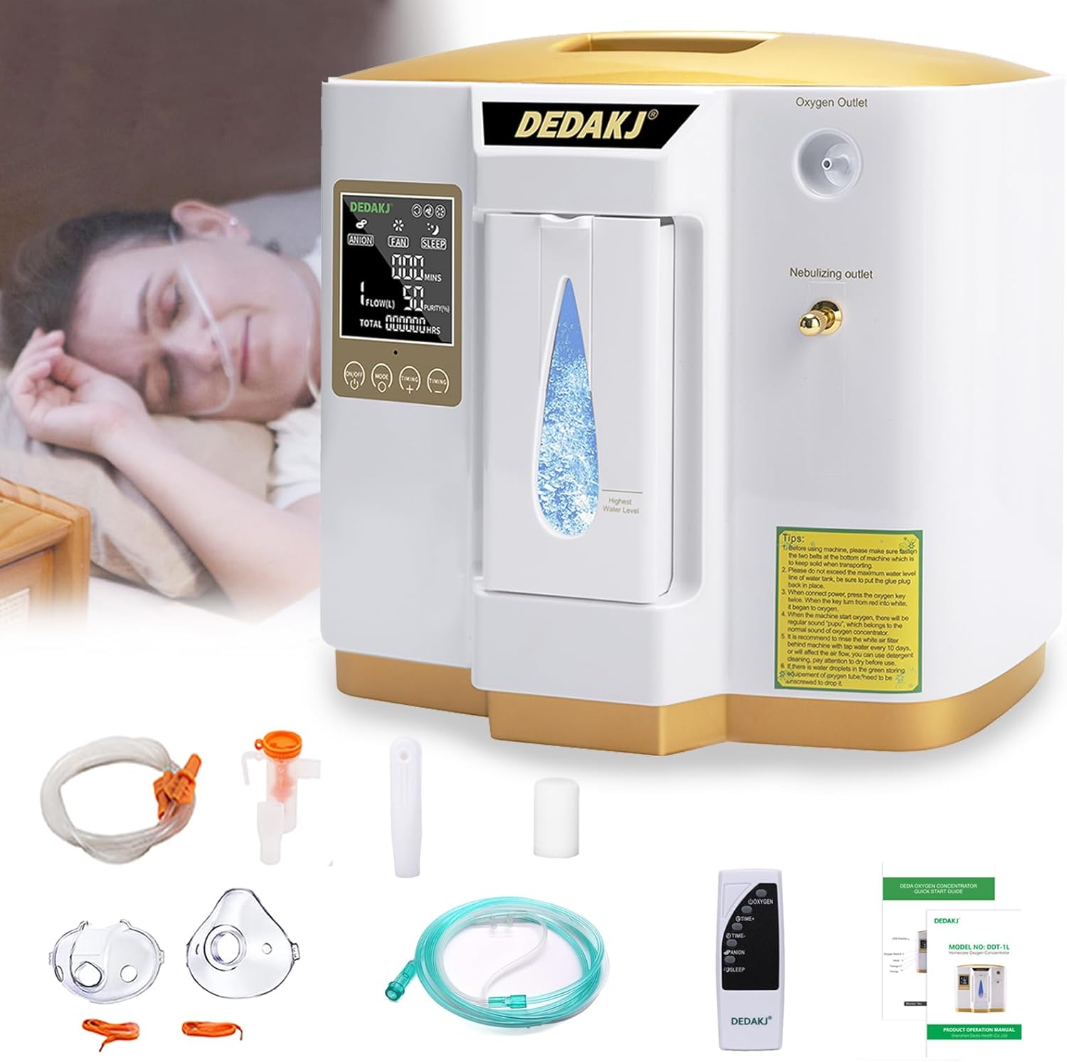 DEDAKJ Oxygen Concentrator 1-7L/min O2 Generator Portable High Purity 93%