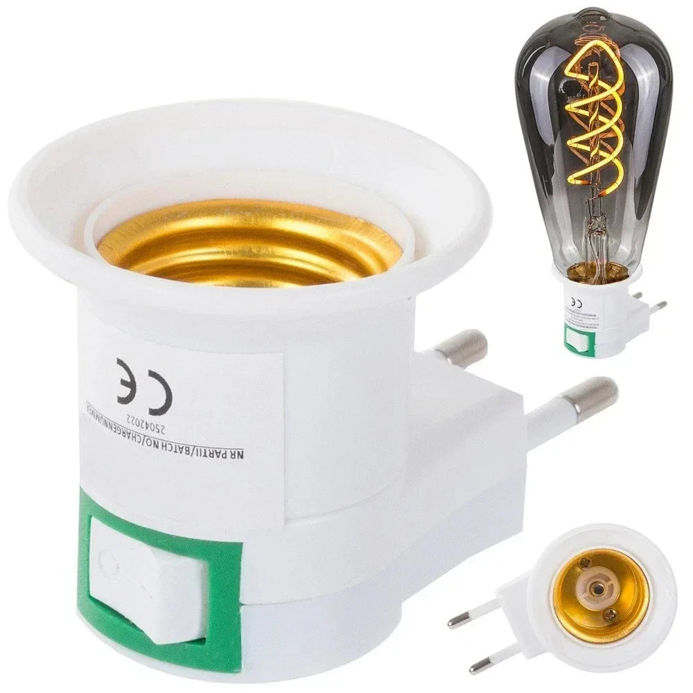 E27 Steckdosenadapter 230V Lampenfassung mit Schalter Weiß Kunststoff