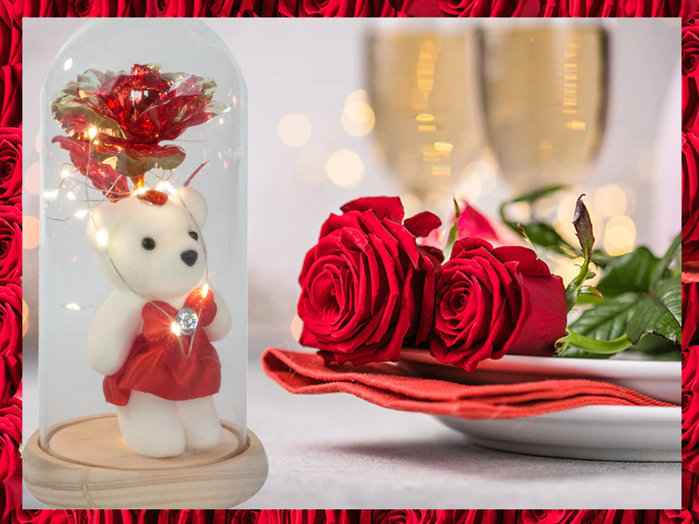 LED Ewige Rose im Glas mit Teddybär – Geschenk für Frauen, Deko, Valentinstag 💕