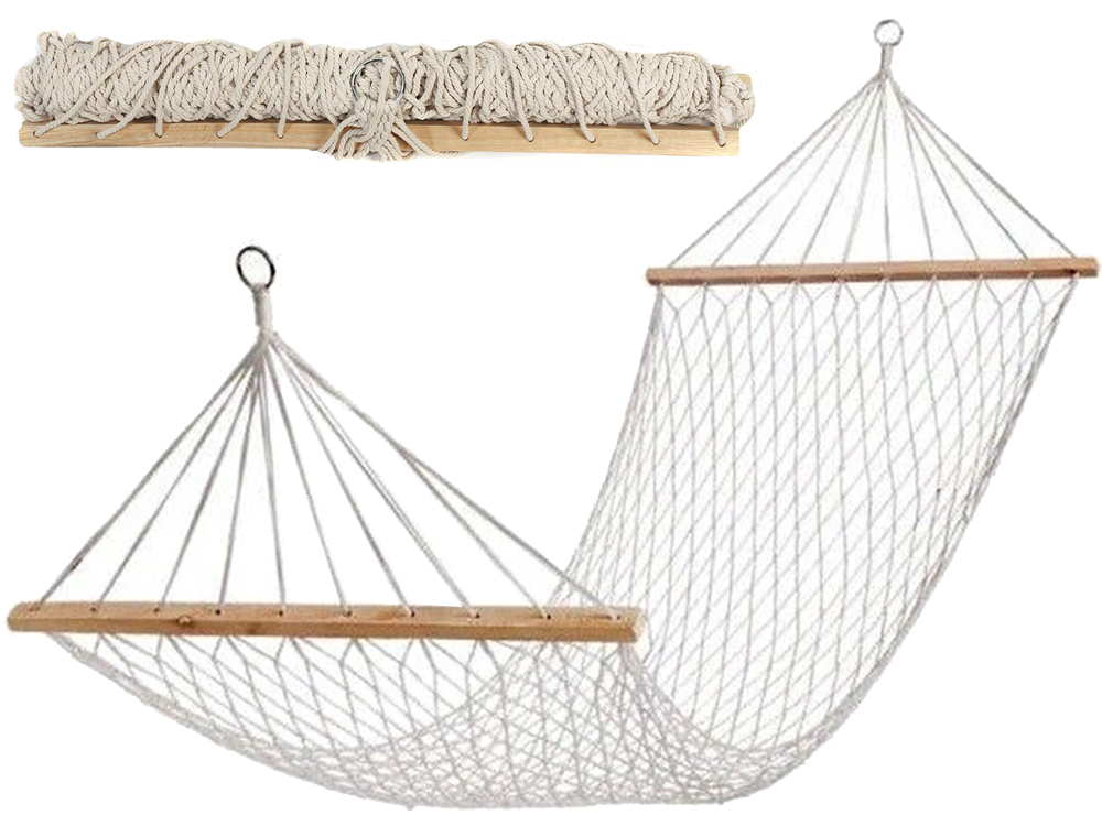 Hängematte Netz mit Holzstangen 190cm 150kg Garten Boho weiß Outdoor