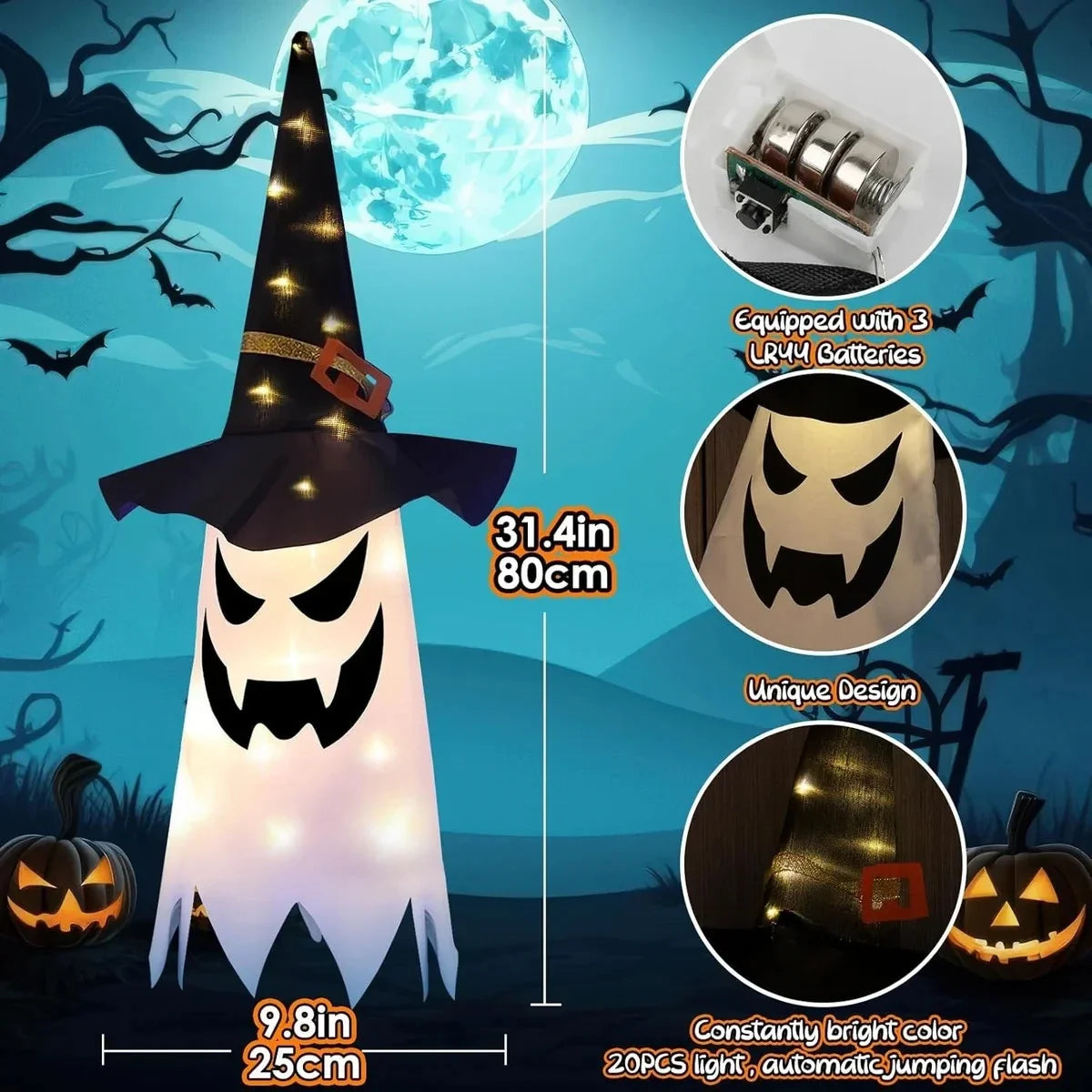 Halloween Geist LED Hängedeko Hexenhut 80cm Leuchtend Garten Fenster Deko