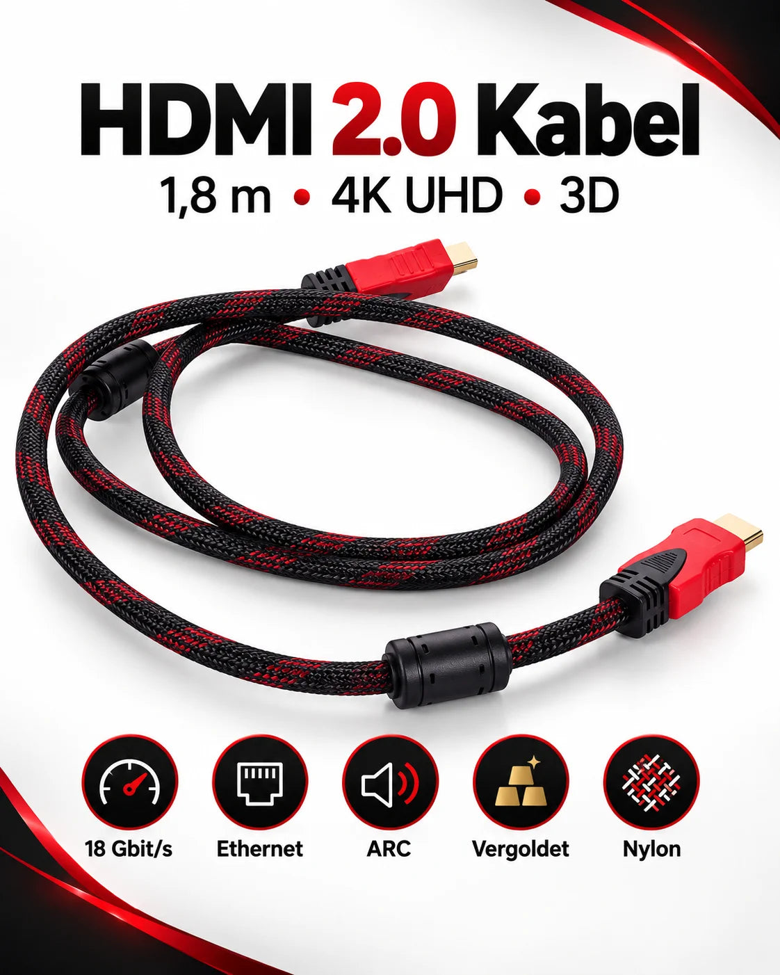 HDMI 2.0 Kabel 1,8 m – 4K UHD, 18 Gbit/s, 3D, ARC & Ethernet, vergoldete Stecker, Nylon-Geflecht