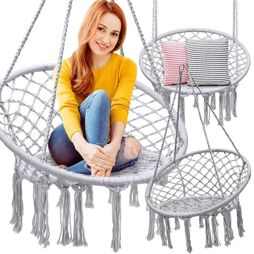 Hängesessel Boho Hängestuhl Hängeschaukel Makramee 120kg Grau Nestschaukel