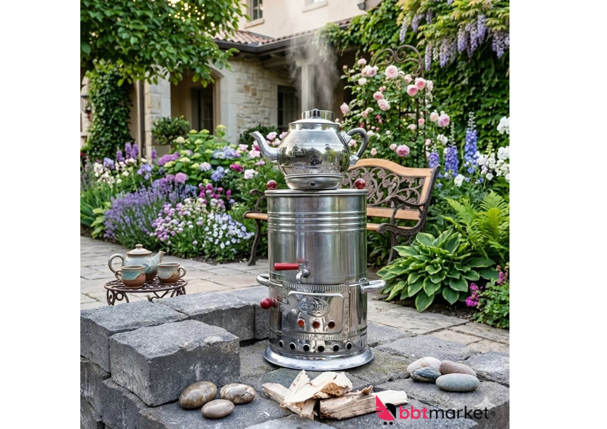 Holzkohle Samowar Edelstahl Semaver Teekocher mit Teekanne für Garten & Camping