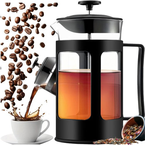 French Press Kaffeebereiter 1L – 8 Tassen aus Glas & Edelstahl, Schwarz, Spülmaschinenfest