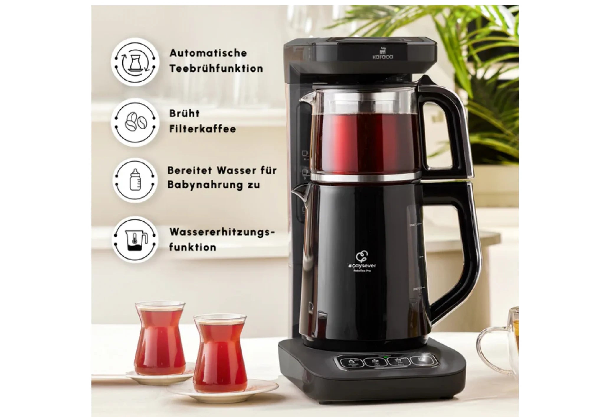 Karaca Caysever Robotea Pro 4in1 Teekocher Wasserkocher Filterkaffee 2500W Schwarz Chrom
