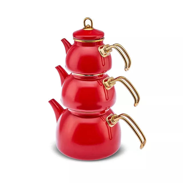 Karaca Retro Emaille Teekannen- Set, Rot, Induktionsgeeignet,Türkische Caydanlik