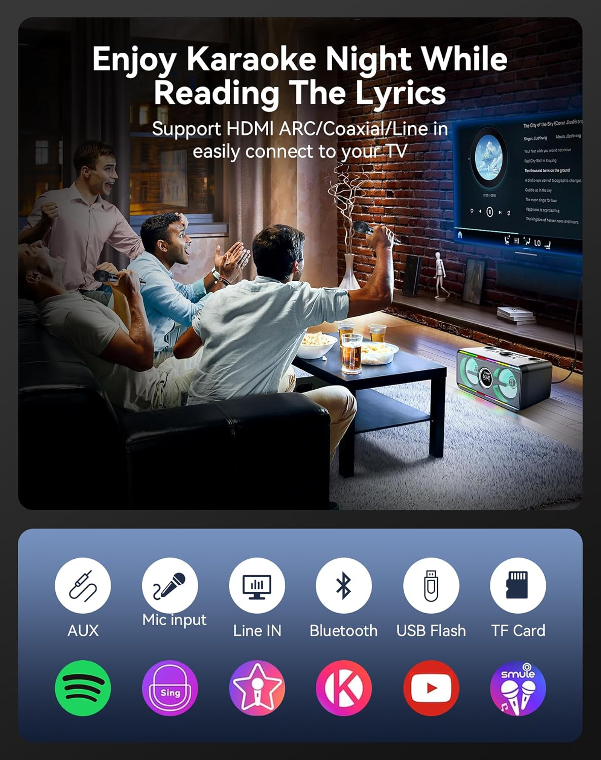 Karaoke Maschine mit 2 Funkmikrofonen, LED PA Lautsprecher, Bluetooth, USB