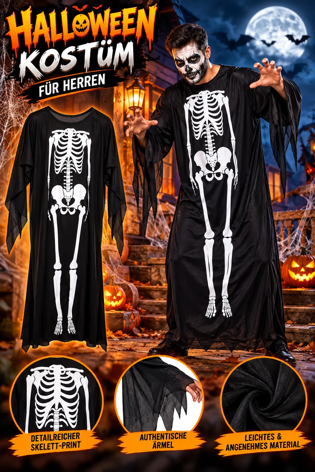 Skelett Kostüm Jumpsuit für Herren, Damen & Kinder – Halloween, Karneval und Cosplay