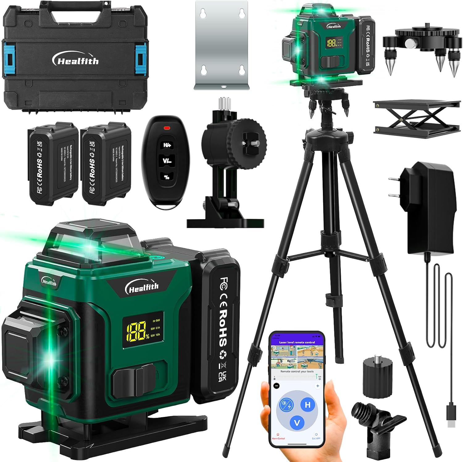 Cross Line Laser 360° Green 3D 12 Lines 4800mAh Battery Triangular Stand - 30m