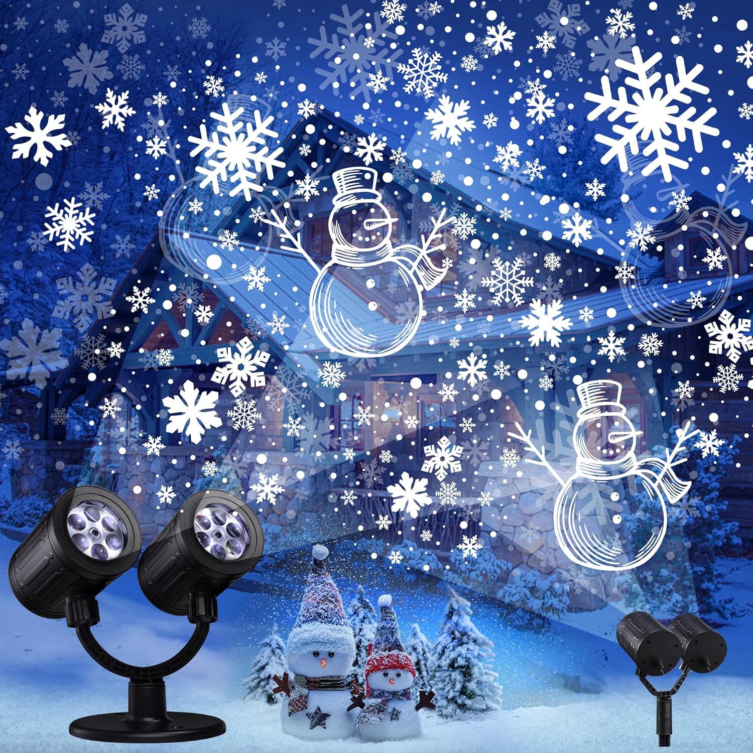 LED Schneeflocken Schneemann Projektor Weihnachten – Doppelkopf Außenbeleuchtung mit Timer, Wasserdicht für Garten & Haus