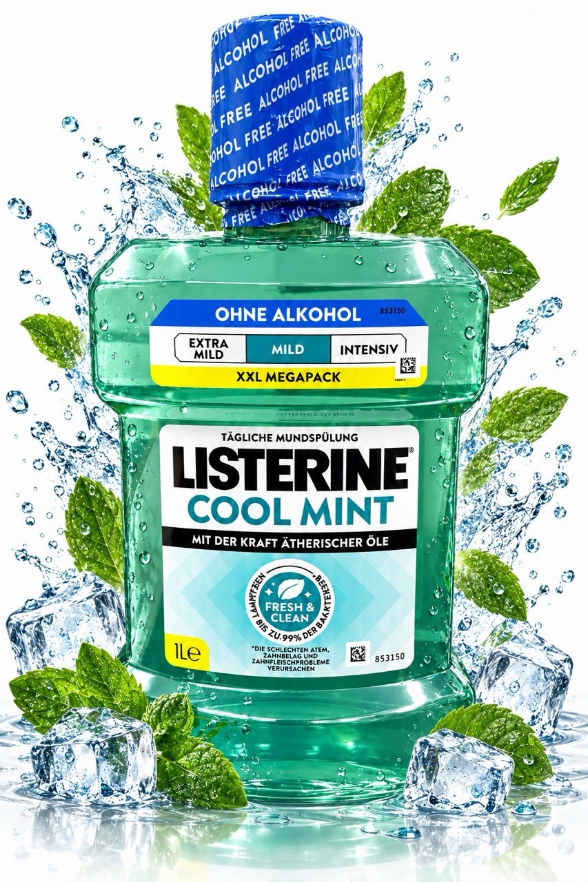 Listerine Cool Mint Mundspülung 1 L – antibakterielles Mundwasser mit mildem Minzgeschmack, ätherischen Ölen & Fluorid