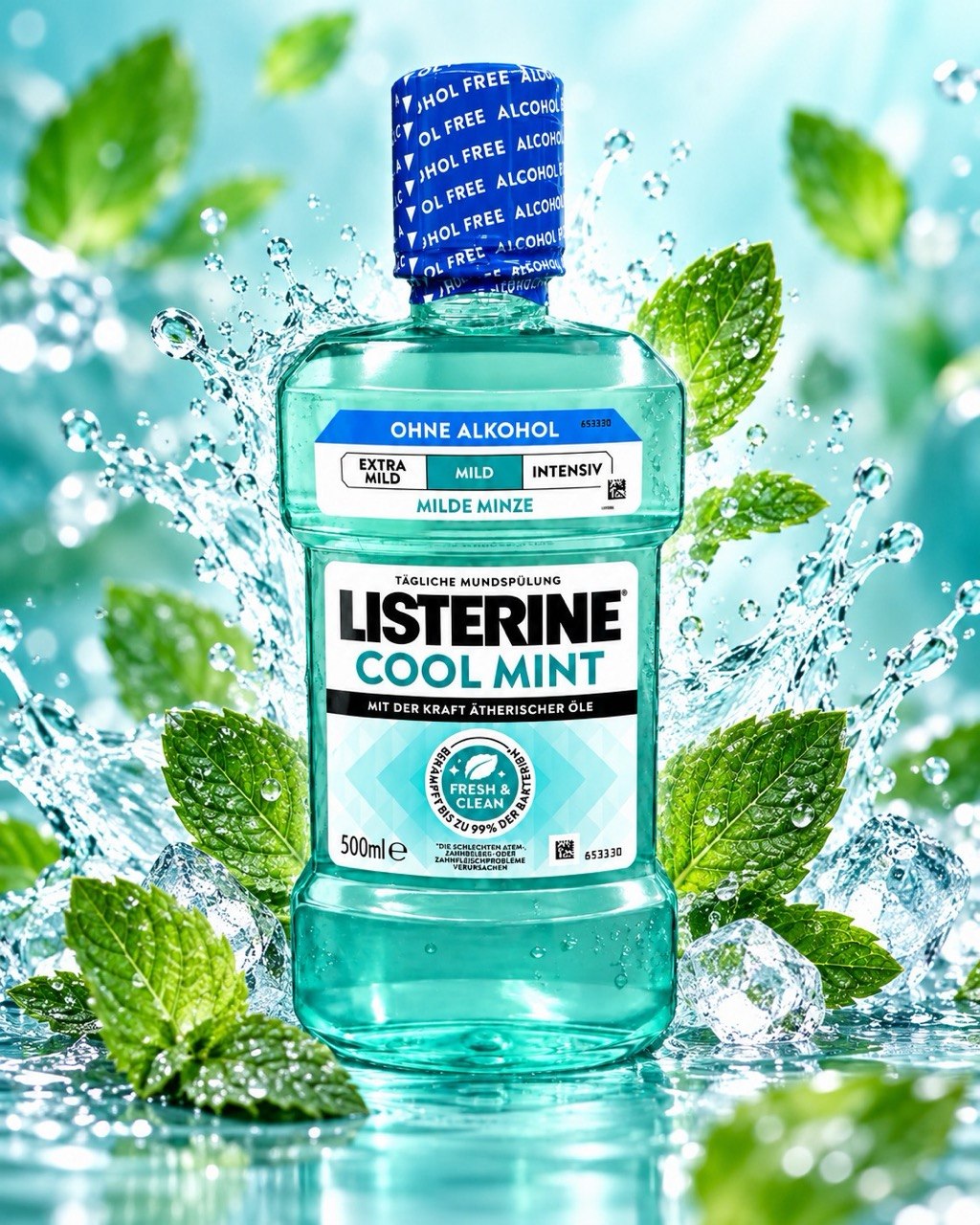 Listerine Cool Mint Mild 500 ml – antibakterielle alkoholfreie Mundspülung mit ätherischen Ölen & mildem Minzgeschmack