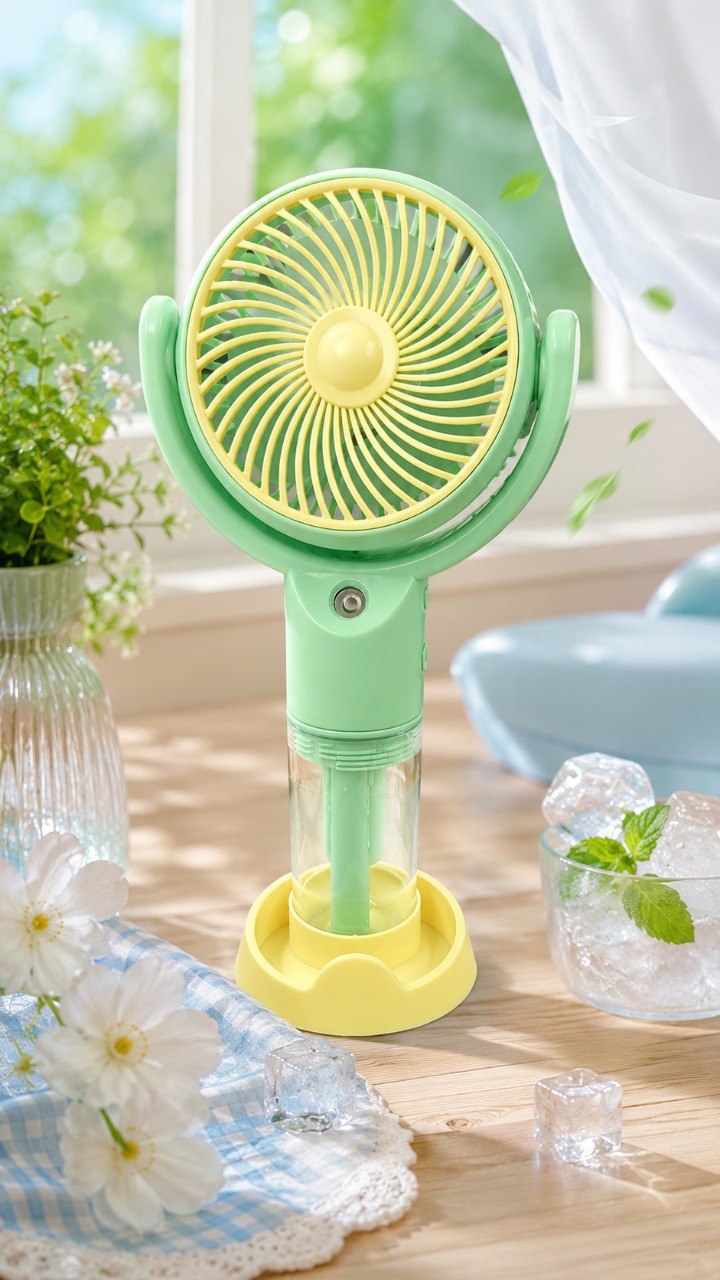 Mini USB Ventilator mit Vernebler und Handyhalter – Tragbarer Akku Lüfter mit 3 Stufen