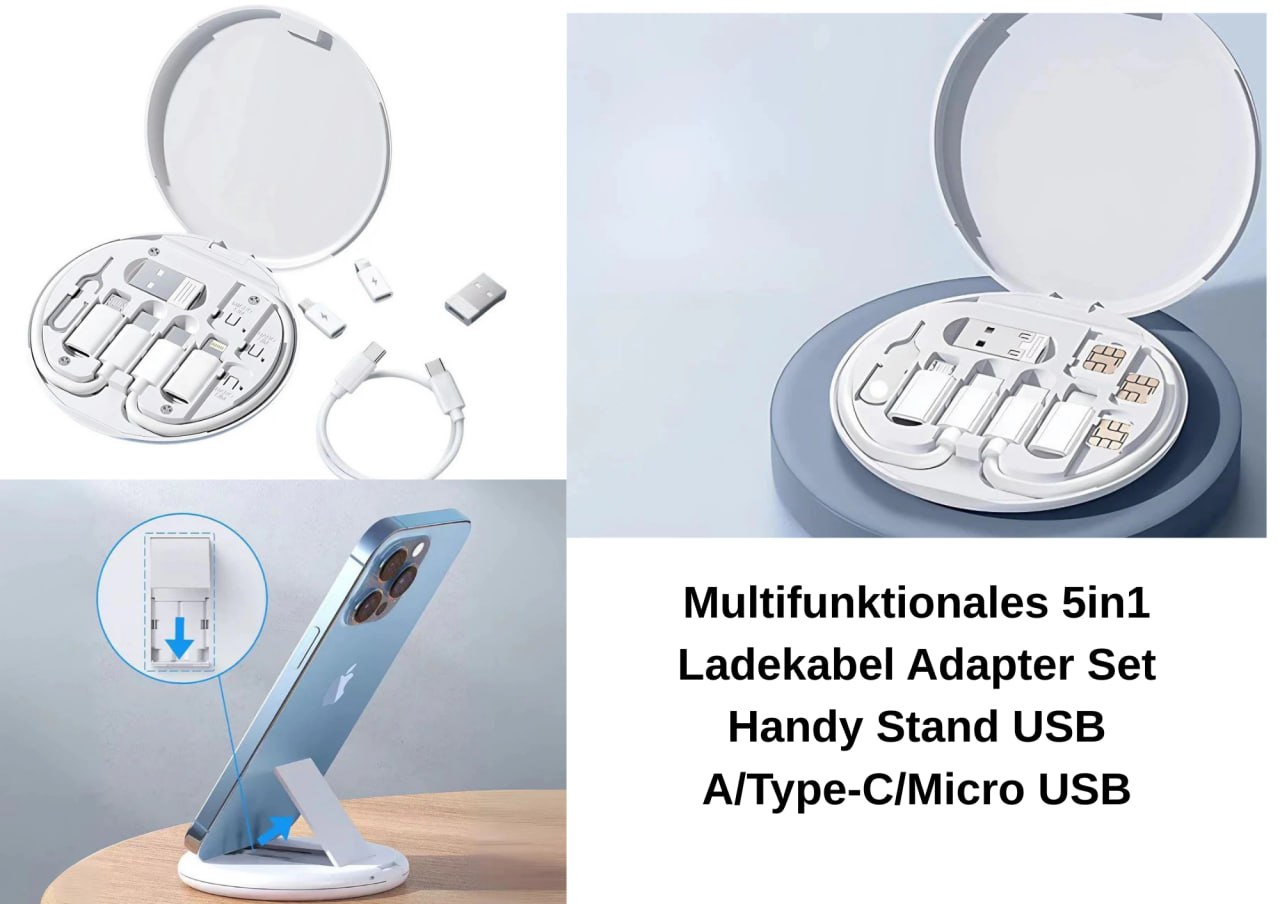 Multifunktionales 5in1 Ladekabel Adapter Set Handy Stand USB A/Type-C/Micro USB