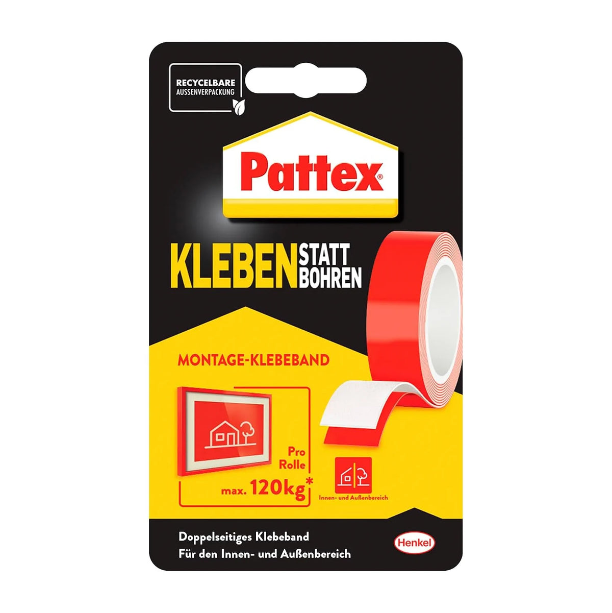 Pattex Kleben statt Bohren Klebeband 19 mm x 1,5 m – doppelseitiges Montageband für Innen & Außen