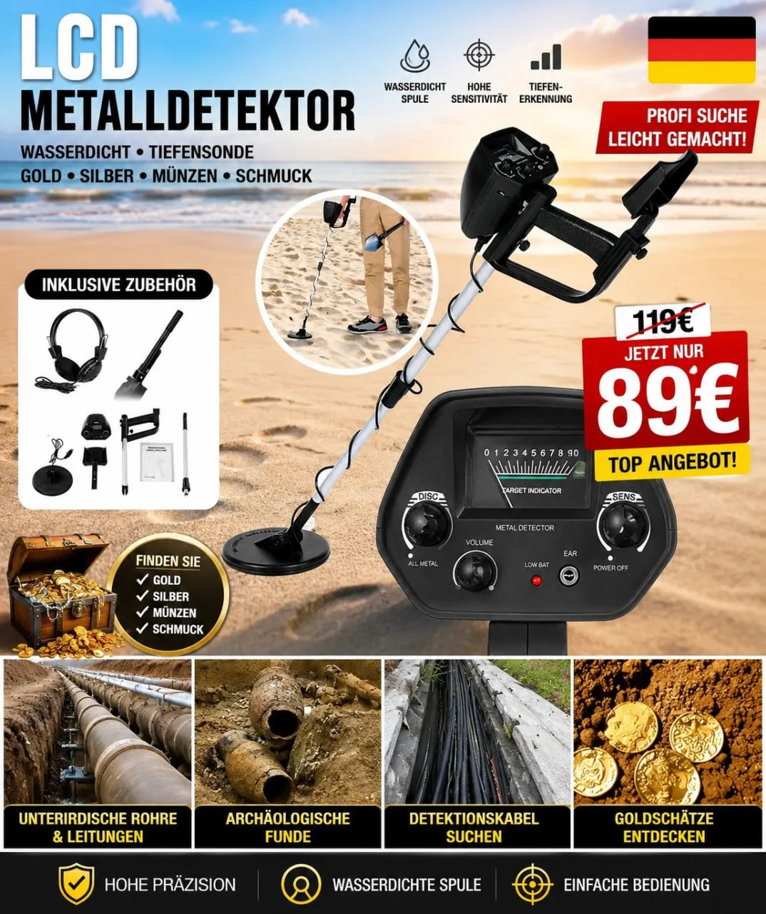 LCD Metalldetektor Wasserdicht Tiefensonde Gold Silber Münzen Schmuck Suchgerät