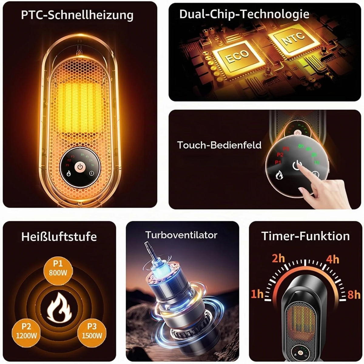 PTC Heizlüfter Keramik 3 Stufen Touch Display 8H Timer Überhitzungsschutz
