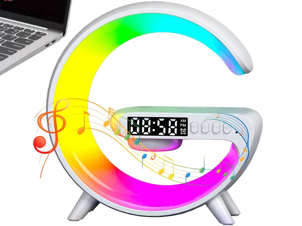 RGB LED Gaming Lampe mit Wecker, Lautsprecher, induktiver Ladefläche und Radio – USB