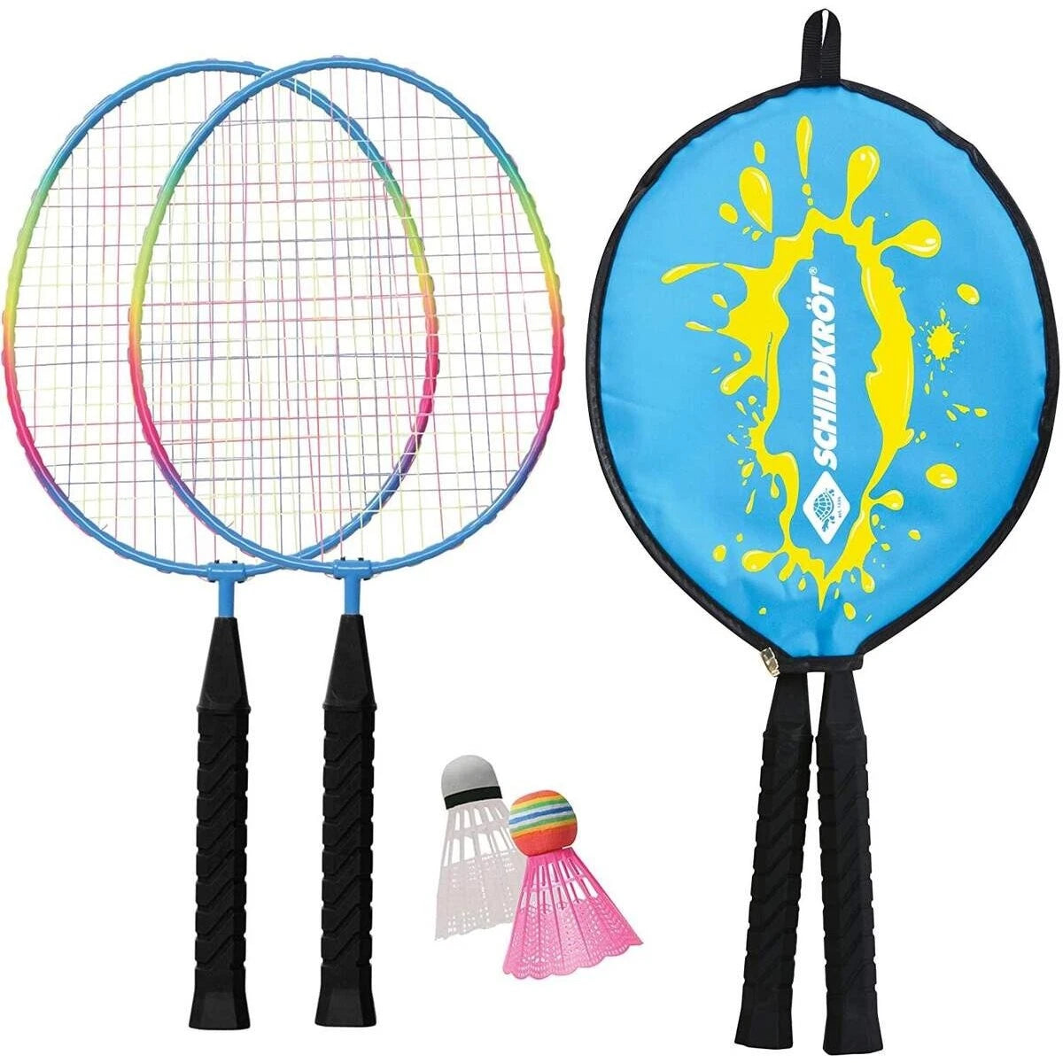 Schildkröt Kinder Federball Set Junior – 2 kurze Schläger & 2 Federbälle für draußen
