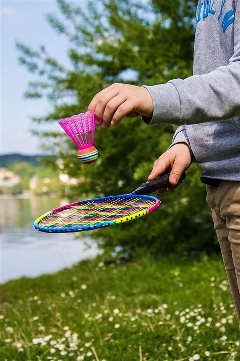 Schildkröt Kinder Federball Set Junior – 2 kurze Schläger & 2 Federbälle für draußen