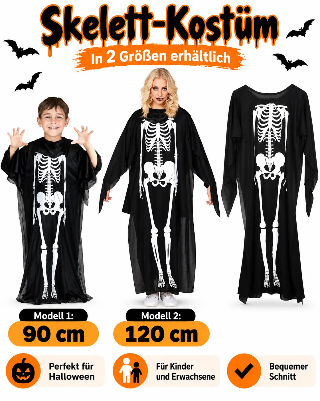 Skelett Kostüm Jumpsuit für Herren, Damen & Kinder – Halloween, Karneval und Cosplay 90/120cm
