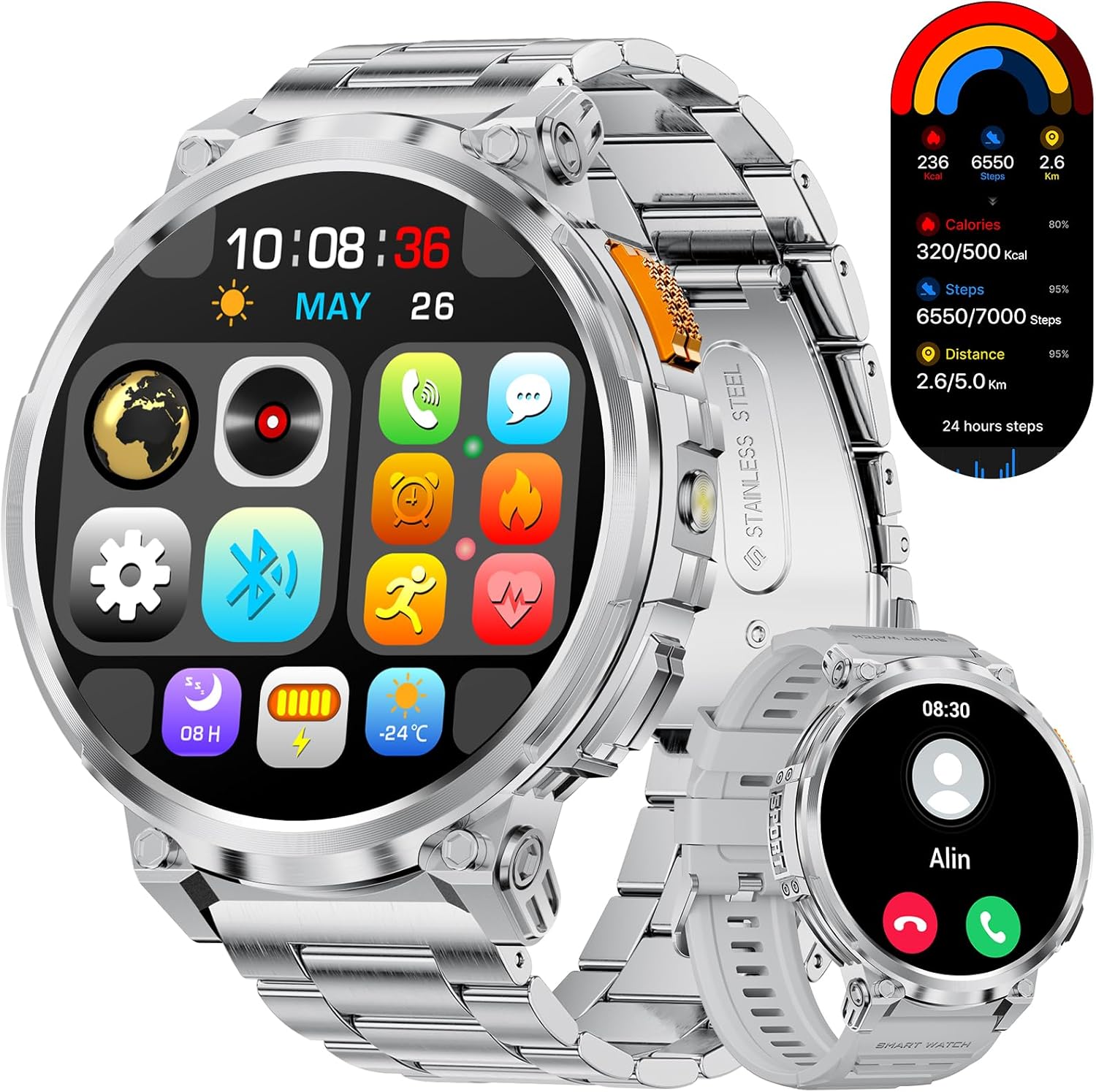 Smartwatch Men with Phone Function, 1.96'' DIY HD Outdoor Smartwatch Military, 120+ Sport Mode IP68 Waterproof Fitness Watch Men with Blood Pressure Measurement Android Ios, Leather