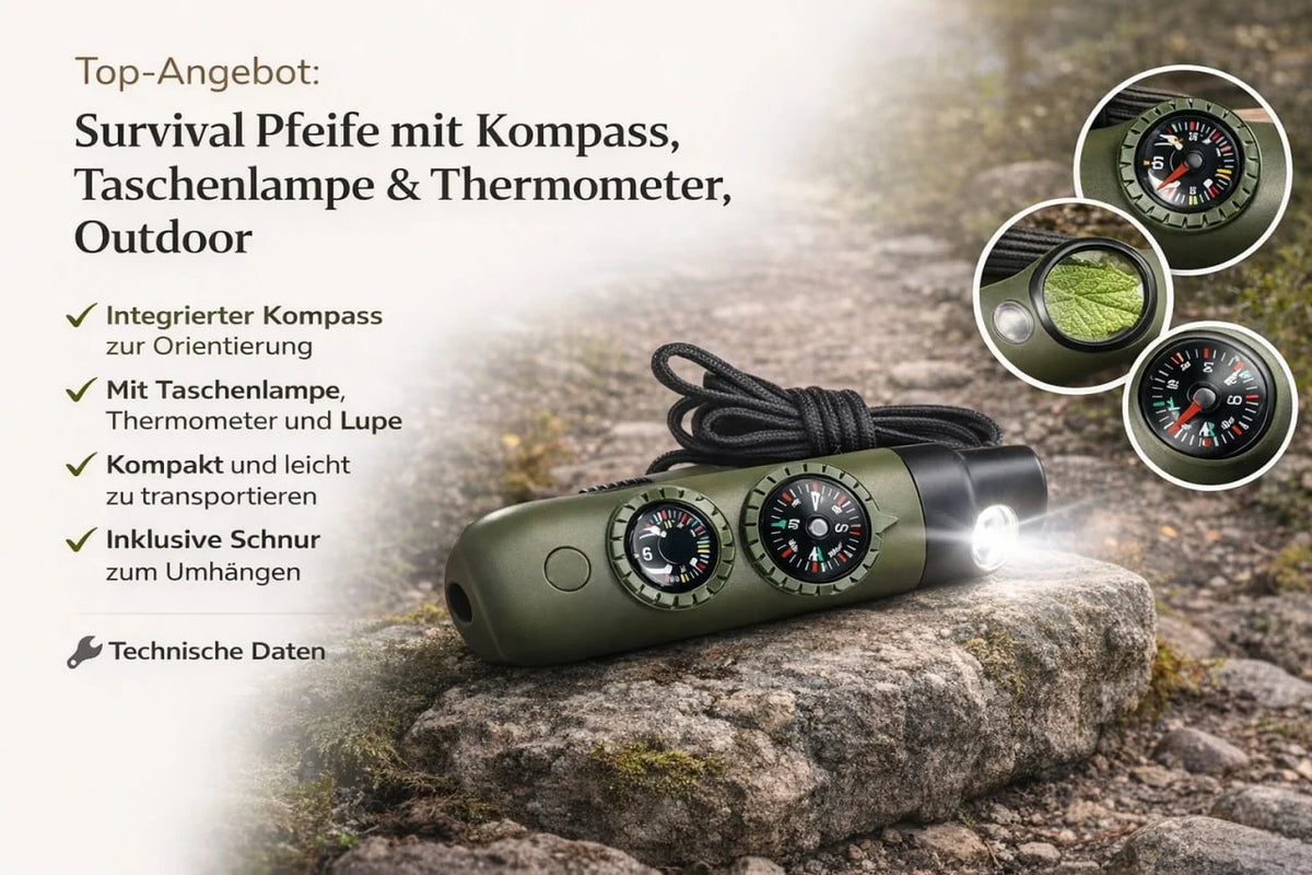 Survival Pfeife 5in1 mit Kompass, Taschenlampe, Thermometer & Lupe – Outdoor Multifunktionspfeife mit Umhängeband