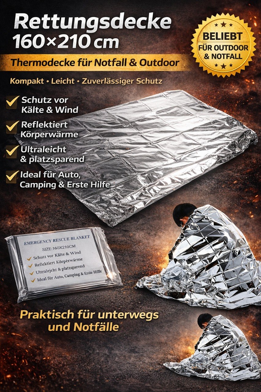 Rettungsdecke 160x210 cm – Thermodecke Notfall Outdoor Erste Hilfe