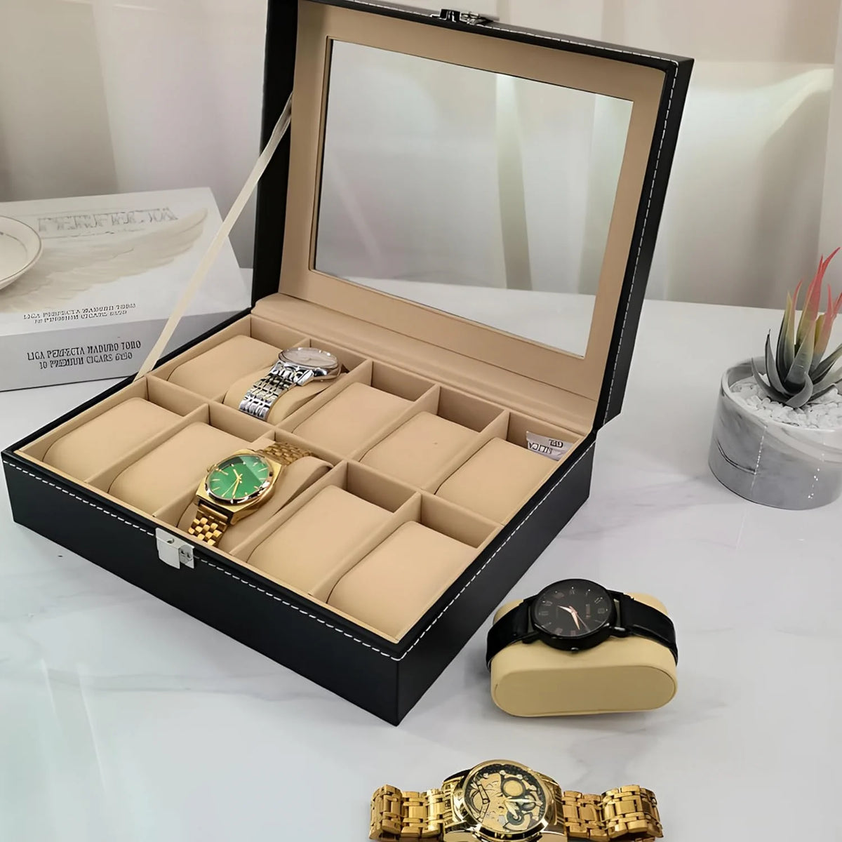 Uhrenbox für 10 Uhren – schwarzer Uhrenkoffer aus PU mit Sichtfenster, Uhrenetui Organizer und Geschenkbox