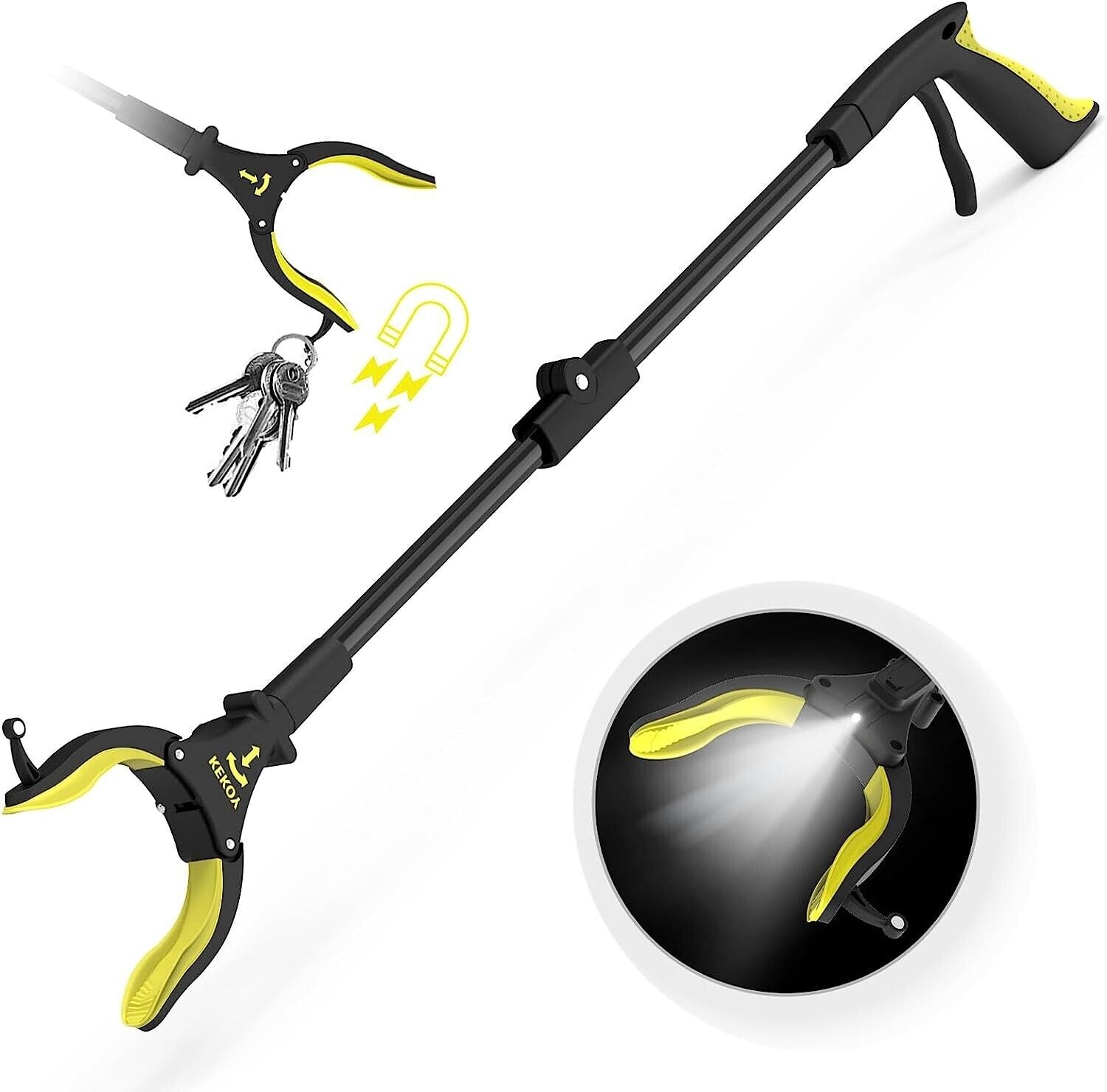 Greifzange mit Licht 80cm – Drehbare Faltbare Aluminium Müllzange mit Magnet, Ergonomische Greifhilfe für Senioren und Abfallsammlung