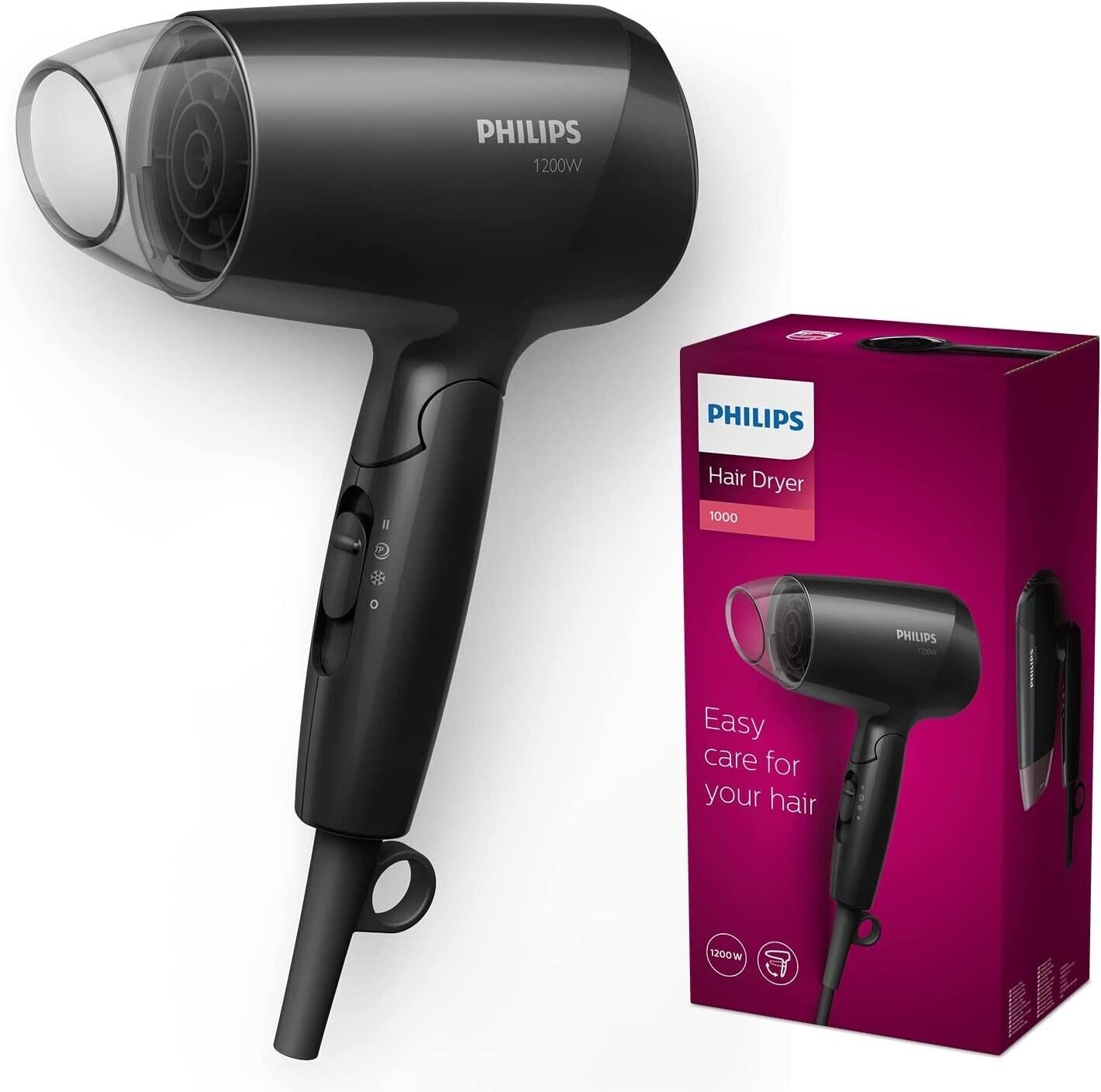 Philips BHC010/10 Haartrockner – 1200W Kompakter Reisefön mit Klappgriff, 3 Heizstufen & Kaltluftfunktion – Schwarz