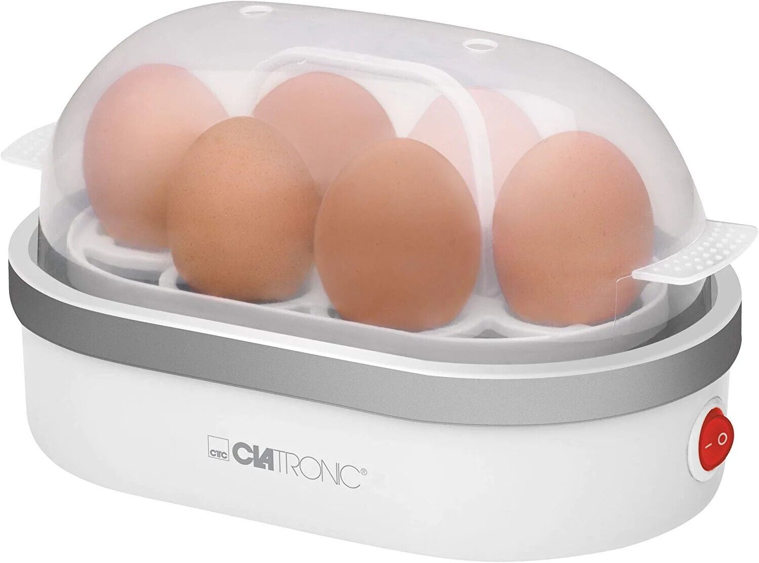 Egg cooker 1 - 6 eggs round silver 400 watts acoustic signal preparation white