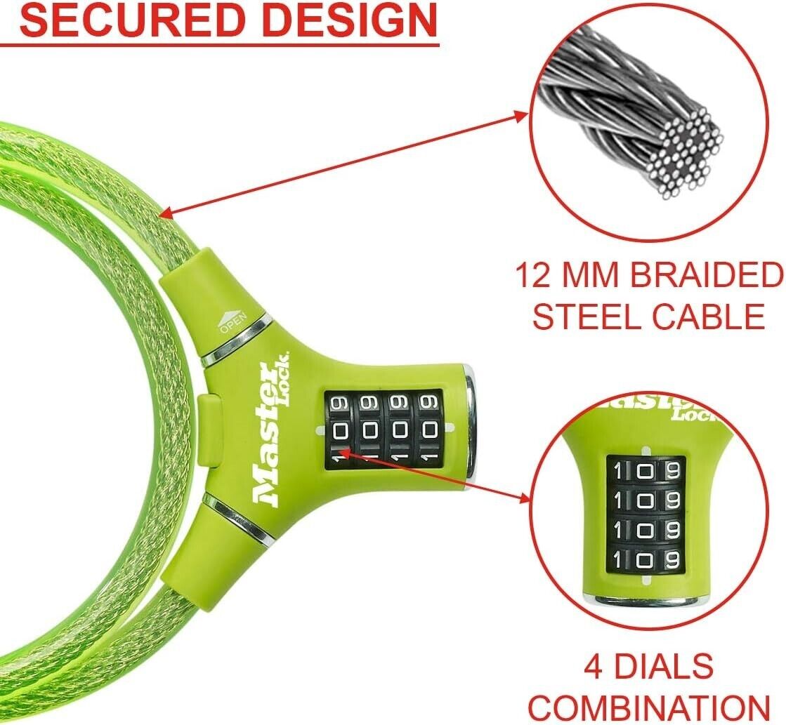 Fahrradschloss 90cm Stahlkabel Zahlenschloss Kabelschloss Wetterfest Grün NEU