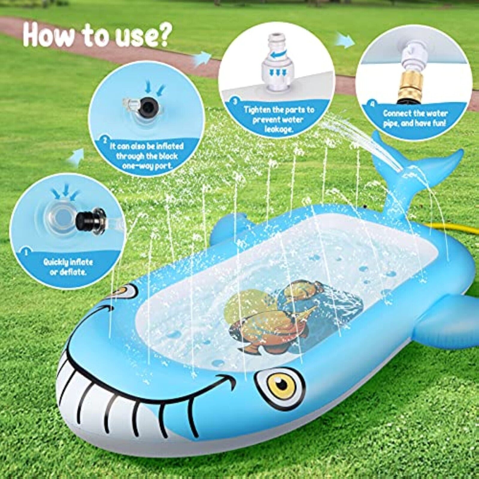 Aufblasbares Kinder Planschbecken 178x130cm Wal Design – 2in1 Baby Pool mit Sprühfunktion für Garten & Sommer