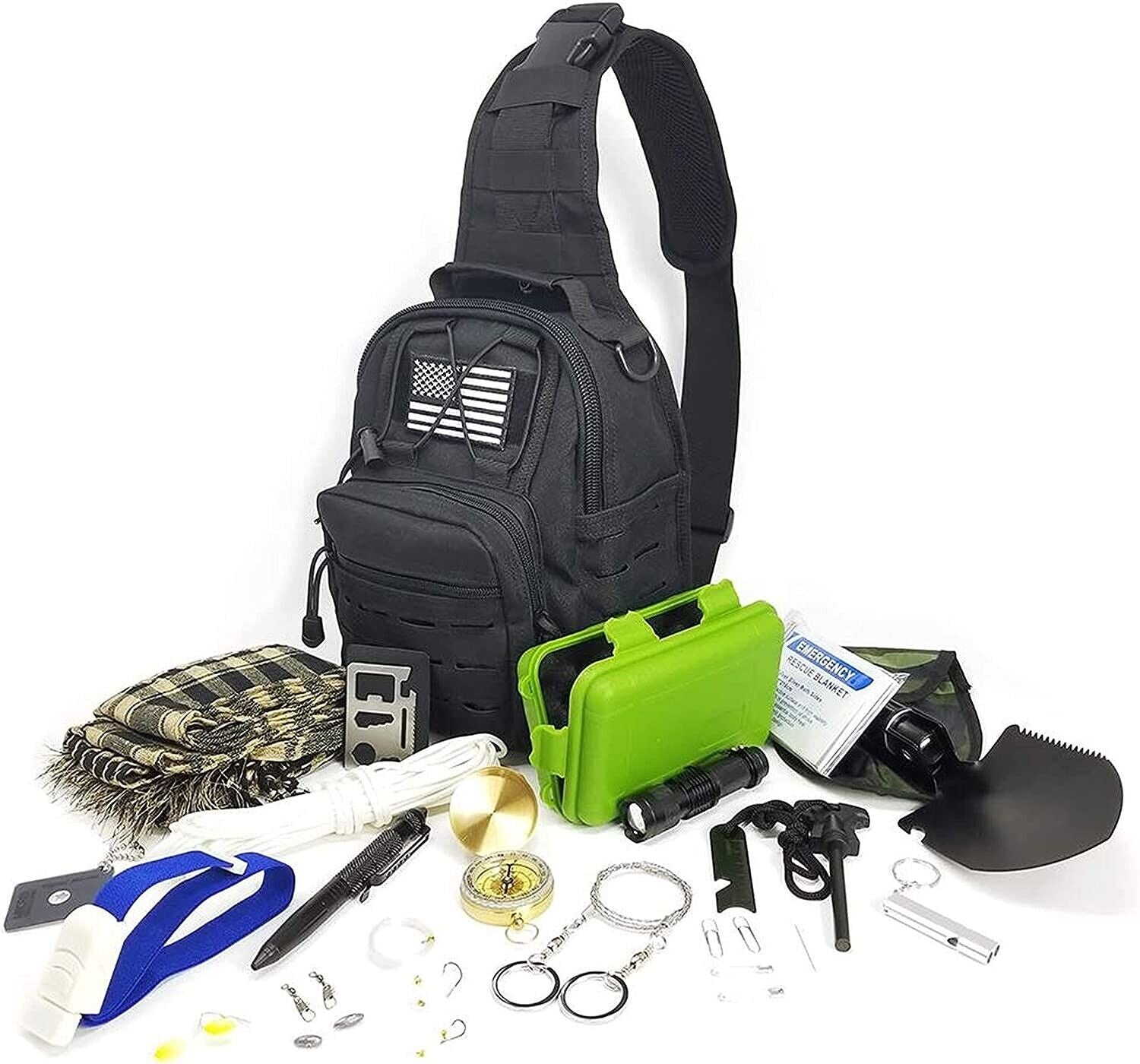 29-in-1 Survival Kit Outdoor Notfall Set mit Rucksack, Schaufel, Kompass & Feuerstarter – Taktisches Multitool für Camping & Abenteuer